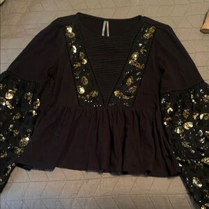 Black Embellished Ruffled Long Sleeve Blouse